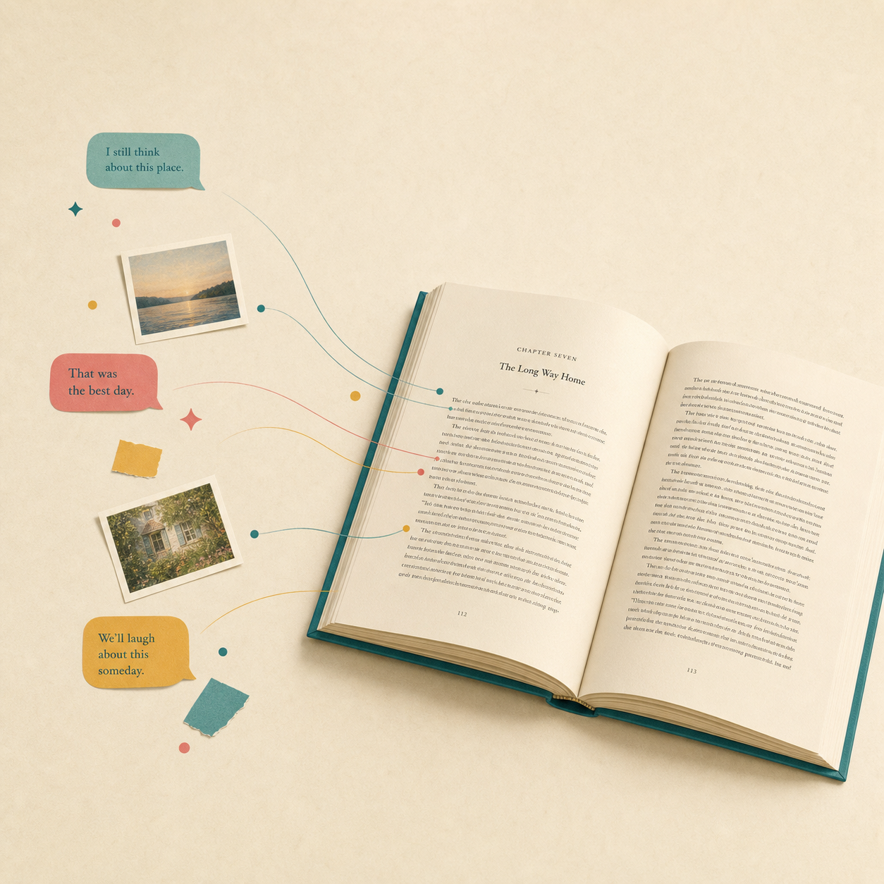 Messages and photographs flowing into a finished keepsake book